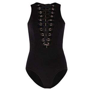 Black Lace Up Bodysuit with Gold Loops
